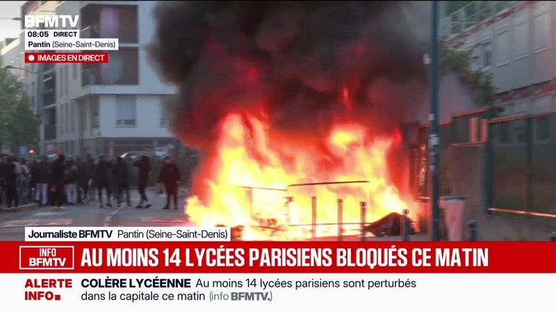 Un feu allumé devant le lycée Berthelot de Pantin et des tirs de mortier sur des lycéens