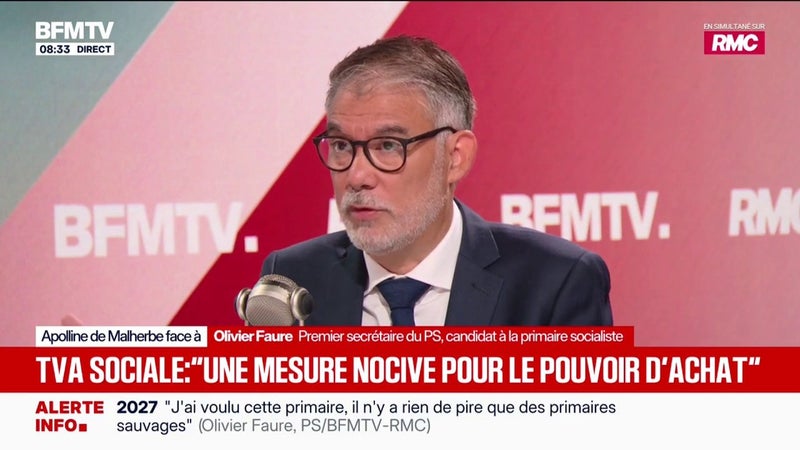 "C'est une mesure dont on sait qu'elle est nocive pour le pouvoir d'achat", estime Olivier Faure, candidat à la primaire de la gauche, à propos de la TVA sociale