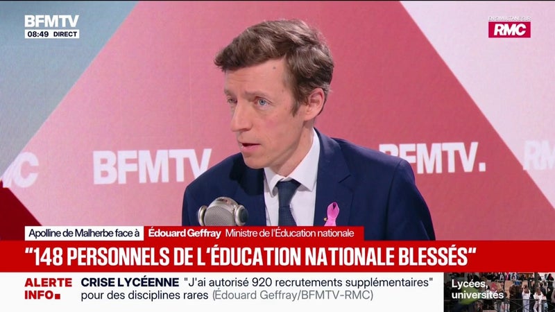 Édouard Geffray, ministre de l'Éducation nationale, revient sur les violences en marge du mouvement lycéen qu'il attribue à des "groupuscules d'ultragauche ultra-violents"