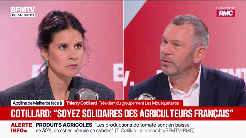 "Dans les semaines et les mois qui viennent, il y aura une crise agricole et il faudra la gérer", prévient Thierry Cotillard, président du groupement Les Mousquetaires