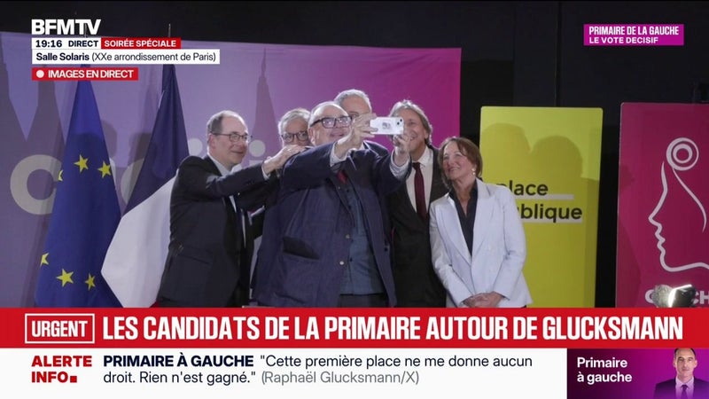 Victoire de Raphaël Glucksmann à la primaire sociale-démocrate: la "photo de famille" des candidats autour du candidat gagnant
