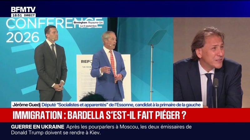Jordan Bardella au côté de Nigel Farage à Birmingham: "On a là l'illustration dans le début d'une campagne présidentielle de Marine Le Pen qui chaque jour désavoue le chef de son parti", analyse Jérôme Guedj, candidat à la primaire de la gauche