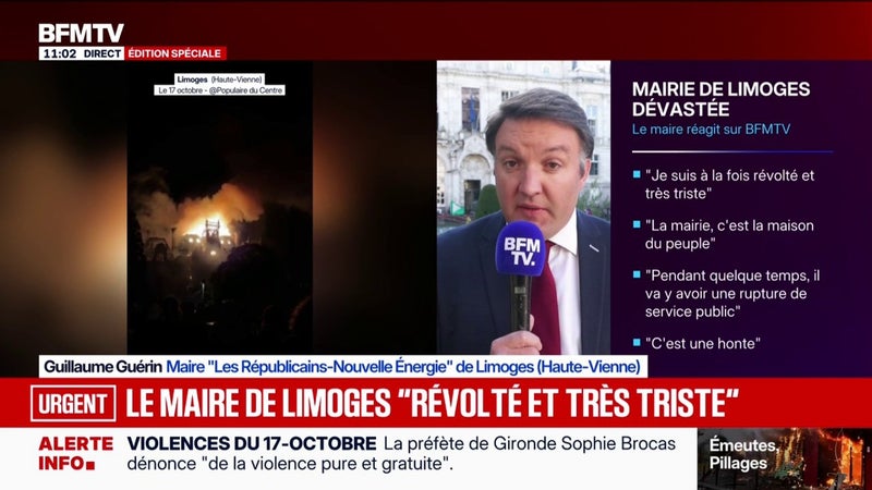 Le maire LR-Nouvelle Énergie de Limoges, Guillaume Guérin, affirme que les policiers "n'avaient plus de munitions" et que l'incendie de la mairie "aurait pu être évité"