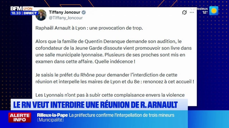 Le RN veut interdire la venue à Lyon de Raphaël Arnault