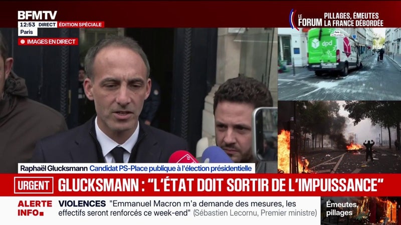 Raphaël Glucksmann, candidat PS-Place publique à l'élection présidentielle, appelle à "traquer" les casseurs et à des "sanctions lourdes"