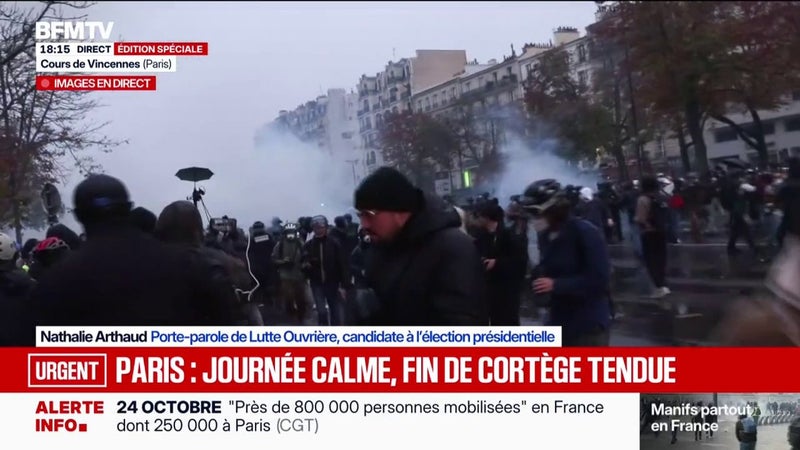 Mobilisations du 24 octobre: "410.000 manifestants aujourd'hui en France c'est énorme et c'est un grand succès", se réjouit Nathalie Arthaud, porte-parole de Lutte ouvrière et candidate à l'élection présidentielle