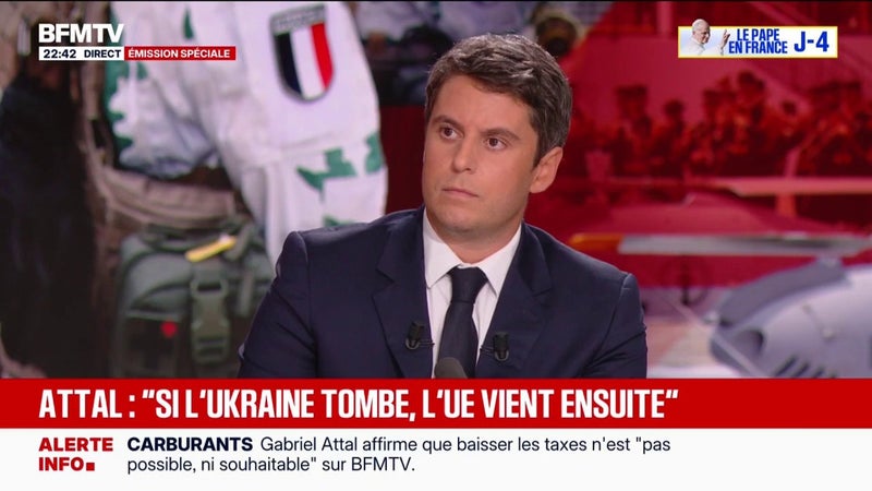 Menace russe, guerre en Ukraine: "Déclarer la guerre à la Russie ? La réponse est non", assure Gabriel Attal, candidat (Renaissance) à l'élection présidentielle