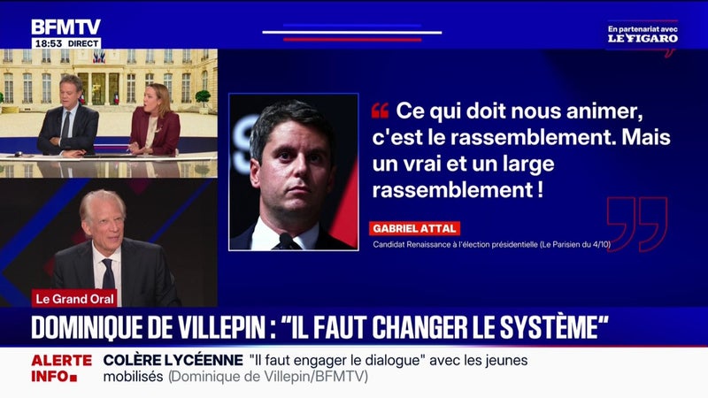 Dominique de Villepin réagit à la proposition de Gabriel Attal d'une "grande coalition allant de Raphaël Glucksmann à la droite républicaine"