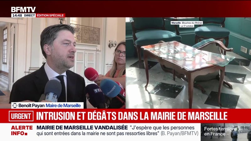 Manifestations du 17 octobre: "Les casseurs, je veux qu'ils soient en prison", assène Benoît Payan, maire de Marseille après une intrusion dans l'Hôtel de Ville