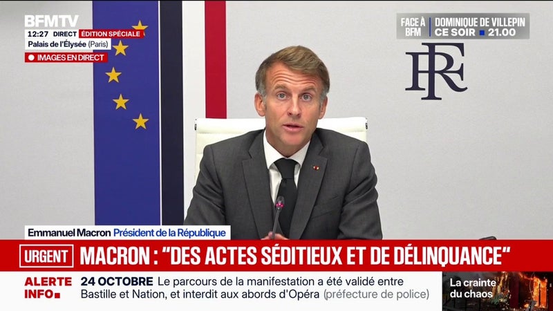 24 octobre: Emmanuel Macron indique que "des tracés alternatifs" seront proposés aux organisations syndicales "pour protéger nos centres-villes"