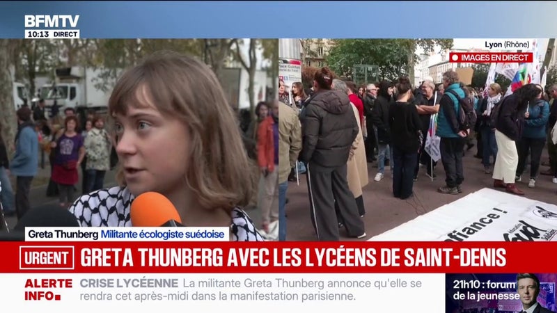 Greta Thunberg, militante écologiste suédoise, en soutien au mouvement lycéen devant le lycée Paul Éluard de Saint-Denis