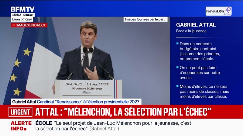"Le projet [de Jean-Luc Mélenchon] pour la jeunesse, c'est la sélection par l'échec", fustige Gabriel Attal, candidat "Renaissance" à la présidentielle en meeting à Lyon