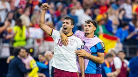Rodri célèbre la qualification de l'Espagne pour la finale de la Coupe du monde, le 14 juillet 2026