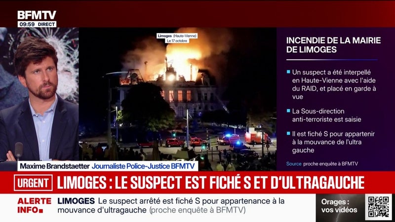 Incendie de la mairie de Limoges: le suspect interpellé est fiché S pour son appartenance à la mouvance de l'ultragauche