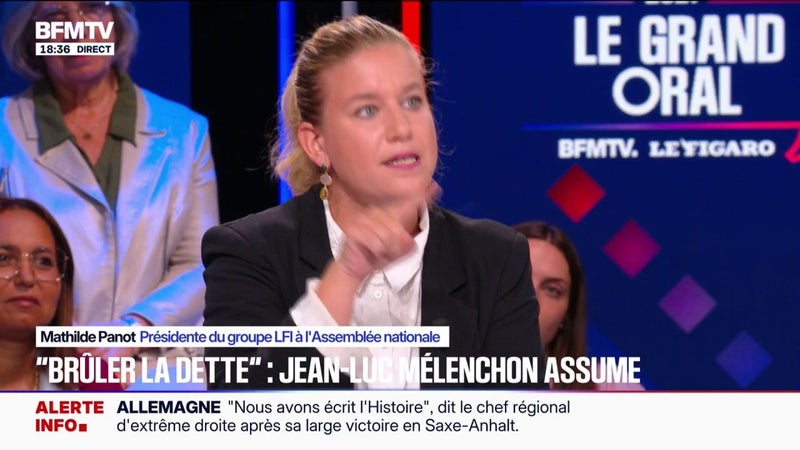Mathilde Panot, présidente du groupe La France insoumise à l’Assemblée nationale, dénonce le "chantage qui est fait à la dette"