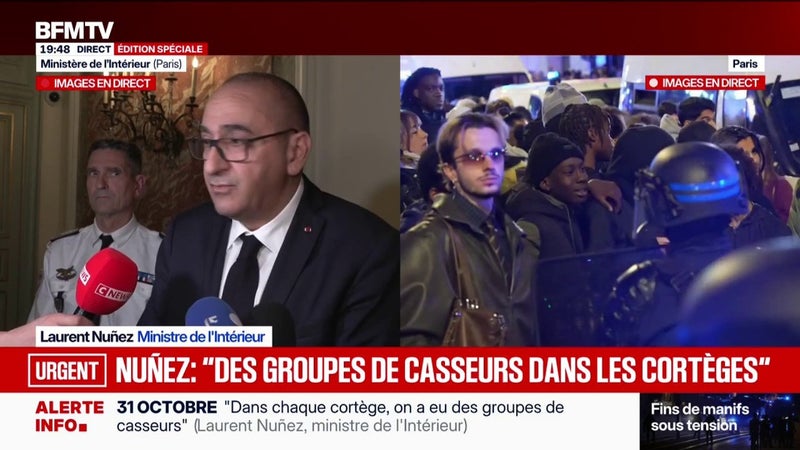 Manifestations du 31 octobre: le policier visé par un cocktail molotov "est simplement blessé léger", déclare Laurent Nuñez, ministre de l'Intérieur