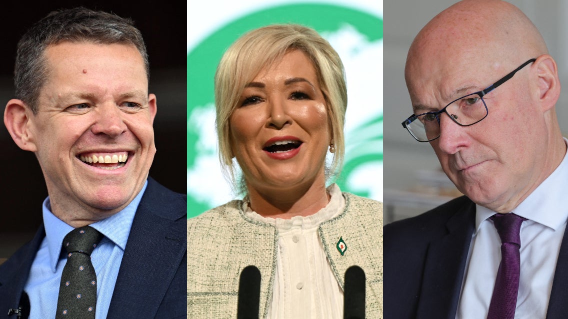 John Swinney (Écosse), Michelle O'Neill (Irlande du Nord) et Rhun ap Iorwerth (Pays de Galles), les trois dirigeants indépendantistes britanniques. (photo d'illustration)