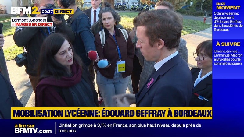 "Tenez bon": Édouard Geffray dialogue avec le personnel d'un lycée de Lormont incendié en marge de la mobilisation lycéenne