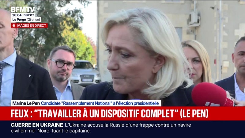 Feux en Gironde: "Il faut travailler sur un dispositif complet" pour les sinistrés, affirme Marine Le Pen, en déplacement au Porge