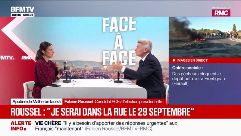 Blocage par les pêcheurs: "Je leur dit: 'Tenez bon'", affirme Fabien Roussel, candidat PCF à la présidentielle