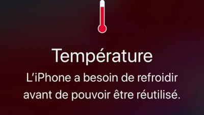 Le message d'alerte qui s'affiche sur un iPhone lorsque la température est trop élevée. Le message d'alerte qui s'affiche sur un iPhone lorsque la température est trop élevée.