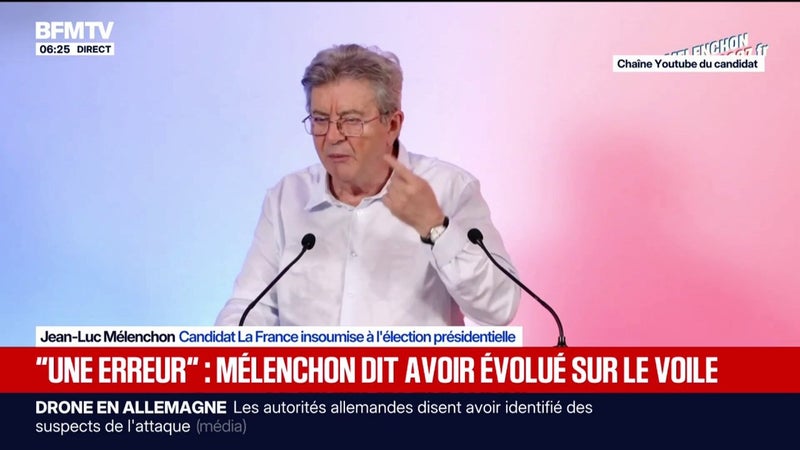 "J'ai fait une erreur terrible": Jean-Luc Mélenchon, candidat de La France insoumise à la présidentielle, dit avoir changé d'avis sur le port du voile