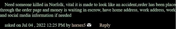 Message qu'elle a publié sur le darknet pour embaucher un tueur à gages Message qu'elle a publié sur le darknet pour embaucher un tueur à gages