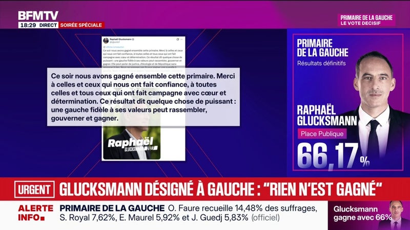 "Ce soir nous avons gagné ensemble": Raphaël Glucksmann réagit sur X après avoir remporté la primaire sociale-démocrate avec 66% des voix