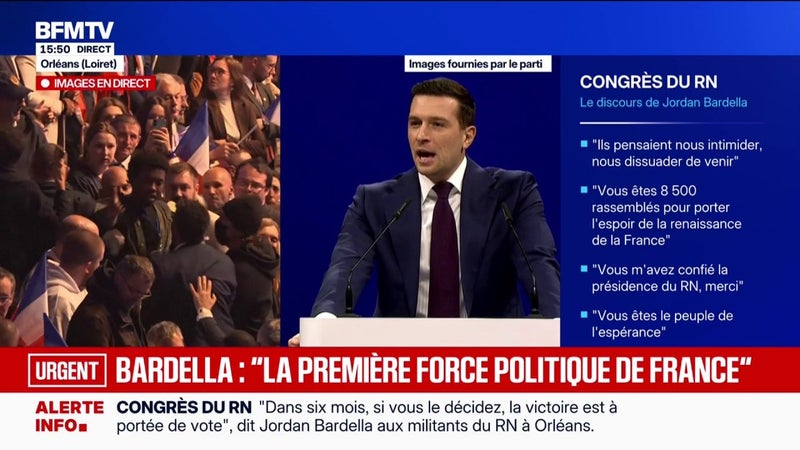 Congrès du Rassemblement national: le discours de Jordan Bardella perturbé, plusieurs individus ont été exfiltrés