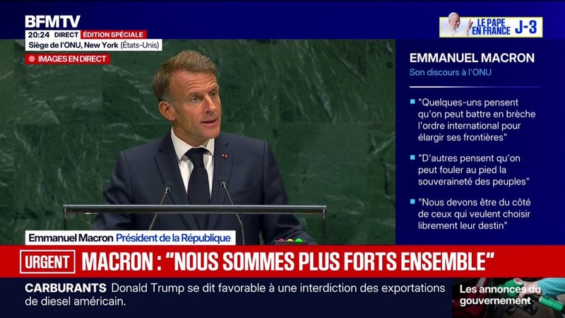"Là où la loi du plus fort tente de s'imposer, il nous faut défendre la justice et l'intérêt commun", estime Emmanuel Macron devant l'Assemblée générale de l'ONU