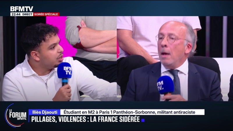 FORUM BFMTV - "On est en pleine décivilisation": échange entre Yves Thréard, éditorialiste politique BFMTV, et Iliès Djaouti, étudiant et militant anti-raciste après les violences de ce 17 octobre