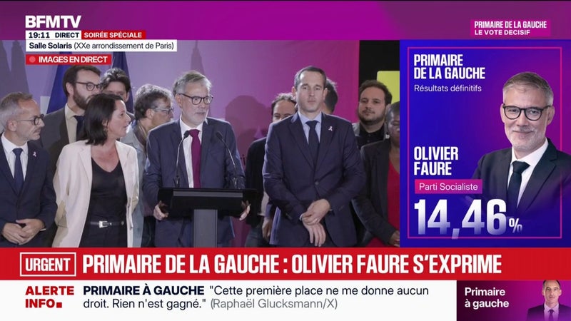 Victoire de Raphaël Glucksmann à la primaire sociale-démocrate: "Tu es désormais le candidat élu des trois partis associés dans cette primaire", déclare Olivier Faure