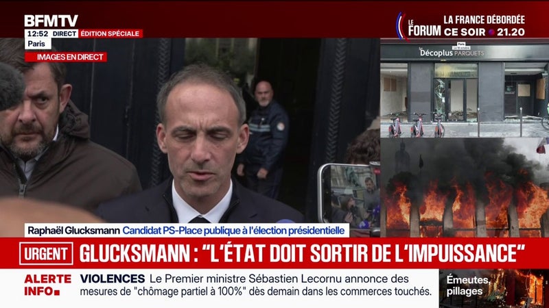 Violences et pillages: "Il faut désormais que l'État sorte de l'impuissance", affirme Raphaël Glucksmann, candidat PS-Place publique à l'élection présidentielle
