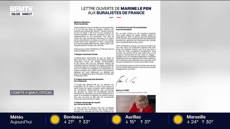 Gel des taxes sur le tabac: Marine Le Pen adresse une lettre ouverte aux buralistes