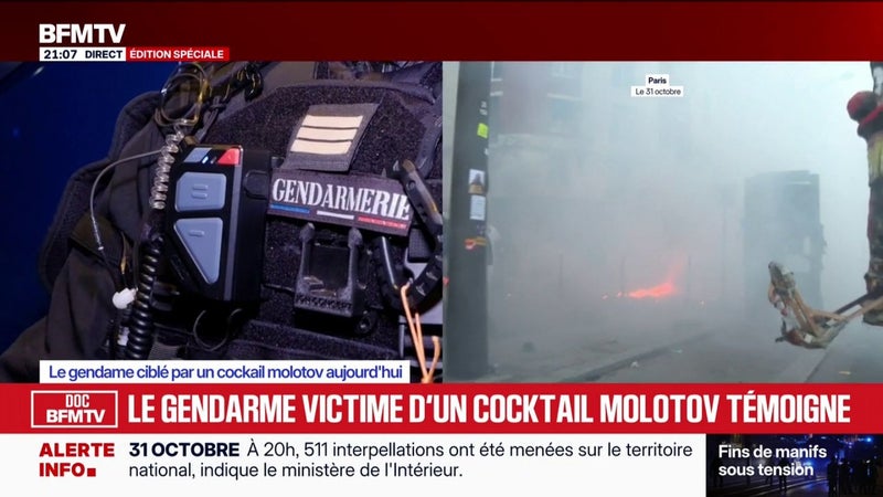 Document BFMTV - Le gendarme victime d'un jet de cocktail Molotov témoigne