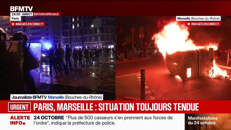 Mobilisation du 24 octobre: des tensions en cours à Marseille dans les Bouches-du-Rhône, des poubelles brûlées