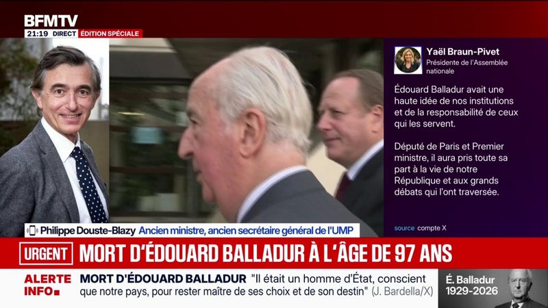 "Je suis très triste, j'étais très attaché au Premier ministre": Philippe Douste-Blazy, ancien ministre, rend hommage à Édouard Balladur