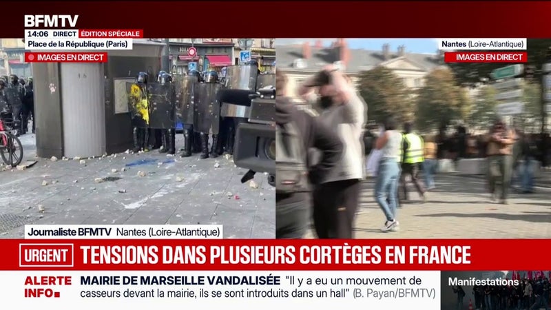 Manifestation du 17 octobre: à Nantes, des tensions débutent sur la place du Maréchal-Foch alors que la manifestation a débuté