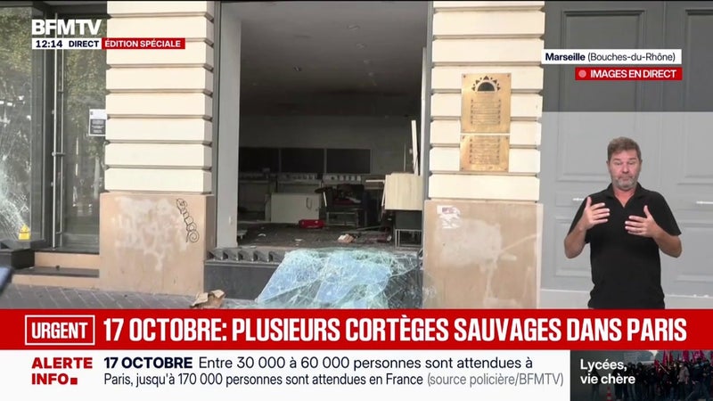 Mobilisations du 17 octobre: la vitrine d'une boutique de téléphones brisée à Marseille