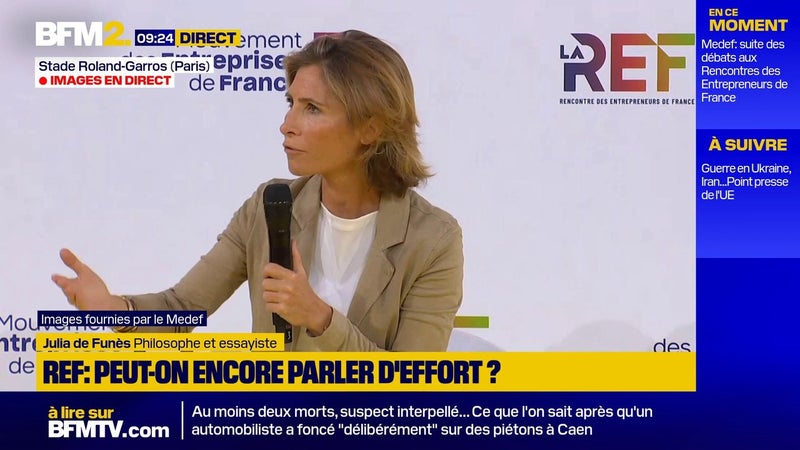 Rencontre des entrepreneurs de France: "Pour faire sens, le travail doit concéder à n'être qu'un moyen au service de la vie", estime la philosophe Julia de Funès