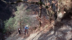 Des gendarmes ratissent l'endroit où a été découvert le 15 janvier 1989 à Quaix en Chartreuses dans l'Isère, le corps du jeune Fabrice Ladoux