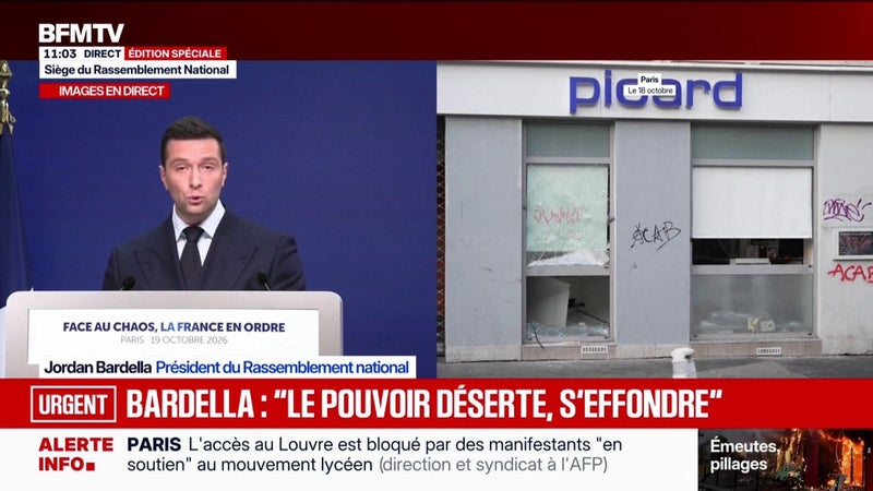 Jordan Bardella: "Les rues de Paris, de Marseille, de Lyon, de Lille, de Limoges ou Valence, ont été livrées aux casseurs et aux prédateurs sous les yeux d'un pouvoir public débordé"