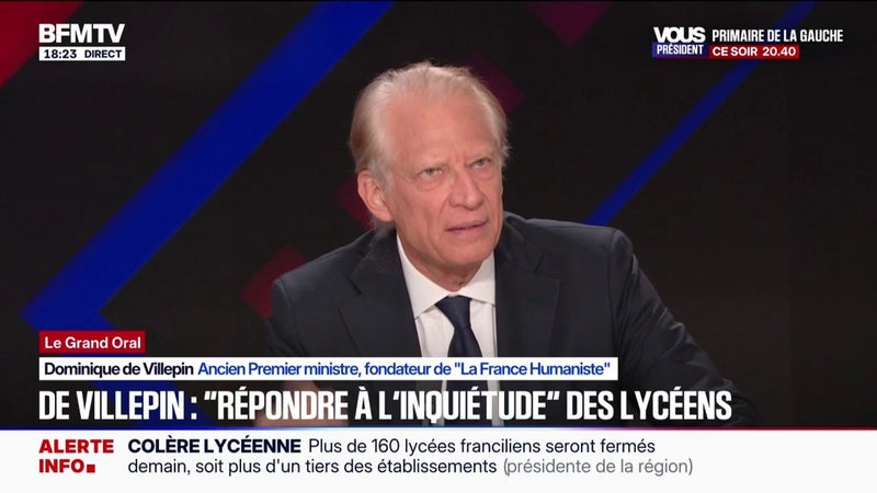 "Ce mouvement social de lycéens est ici ou là pris en otage par un certain nombre de groupuscules", analyse Dominique de Villepin, ancien Premier ministre. "Mais un gouvernement ne doit pas céder à la tentation de chercher un bouc émissaire."