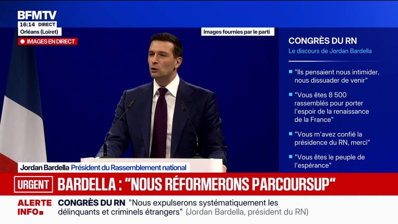 Congrès du RN: "Sous la présidence de Marine Le Pen, notre gouvernement mettra en place le principe du casseur-payeur (...), que ceux qui pillent sachent qu'ils devront rembourser"