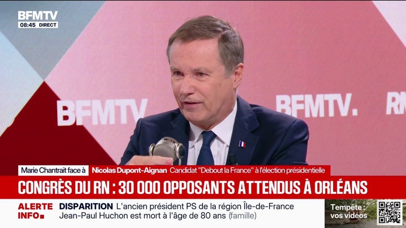 Manifestation du 24 octobre: Nicolas Dupont-Aignan, candidat Debout la France à l'élection présidentielle, appelle à être "intraitable vis-à-vis des fauteurs de trouble"