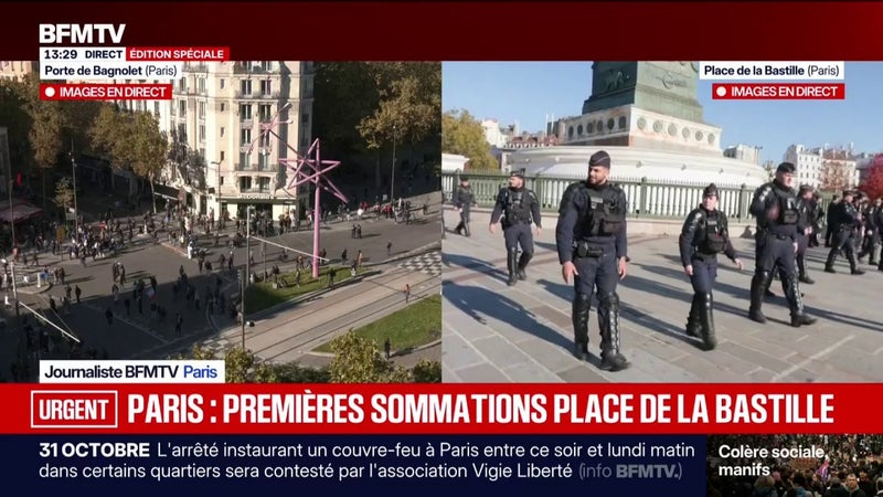 Manifestation du 31 octobre: de premières sommations faites par les CRS pour évacuer la place de la Bastille, à Paris