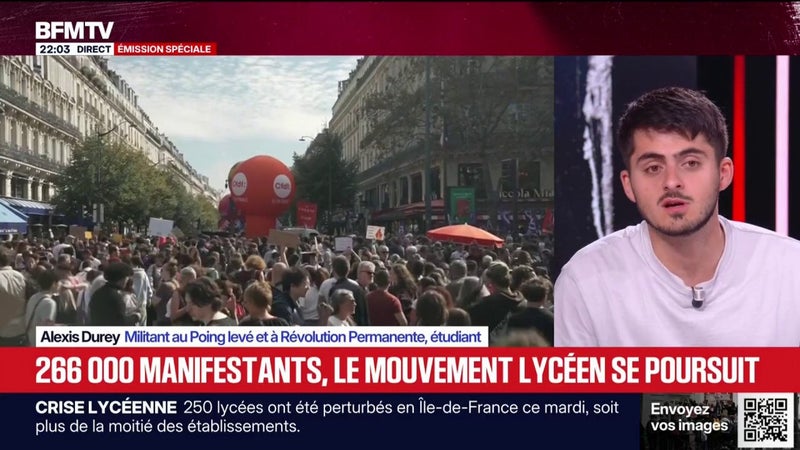 Blocage, mobilisation lycéenne: "On appelle l'ensemble des lycéens et des étudiants à refuser le piège du temps du dialogue qui a été proposé" par le gouvernement, lance Alexis Durey, militant au Poing levé et à Révolution Permanente