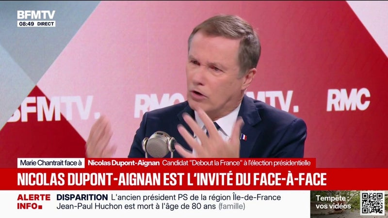 La classe politique "s'est alliée avec Jean-Luc Mélenchon" et ils "sont complices", juge Nicolas Dupont-Aignan, président de Debout la France