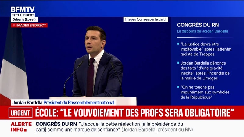 À l'école, "nous restaurerons l'autorité, le vouvoiement des professeurs sera obligatoire, une tenue unique sera instaurée", déclare Jordan Bardella, président du Rassemblement national
