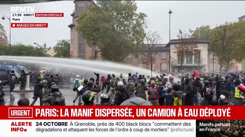 Manifestation du 24 octobre à Paris: la police utilise le canon à eau et des grenades lacrymogène à Porte de Vincennes